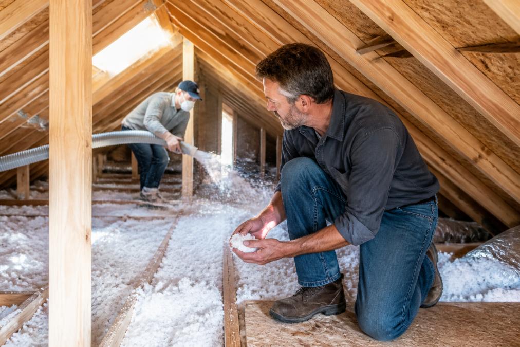 Homeowner inspecting blown-in insulation installation in attic with contractor in background, natural light streaming through roof opening