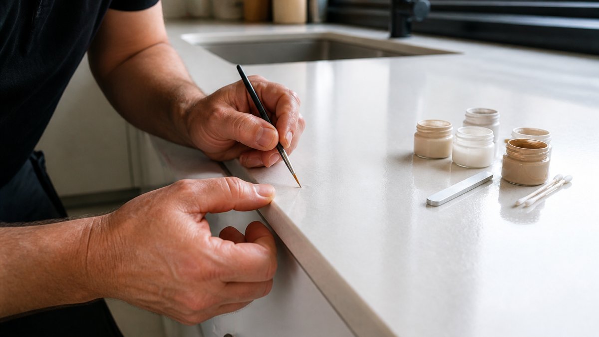 Close-up of a technician's hands carefully colour-matching a repaired chip on a white kitchen worktop, with small pots of tint and a fine brush visible, natural daylight in a domestic kitchen
