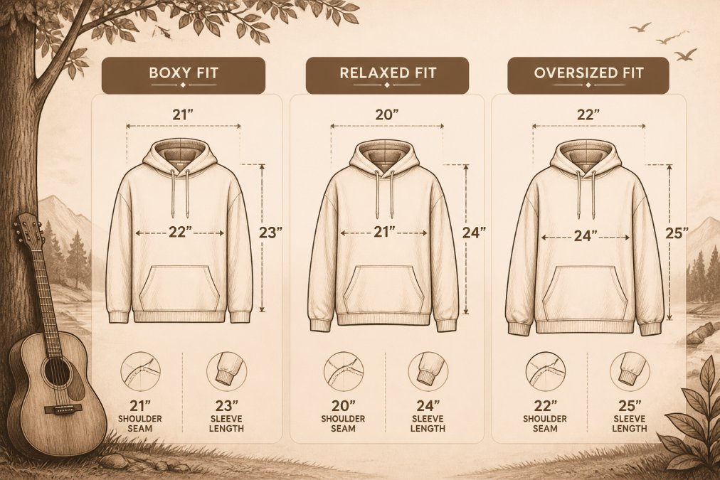 Pencil sketch diagram showing three hoodie fits side by side, boxy fit with 22-inch chest width, relaxed fit with 21-inch chest width, oversized fit with 24-inch chest width, each labeled with shoulder seam and sleeve length measurements