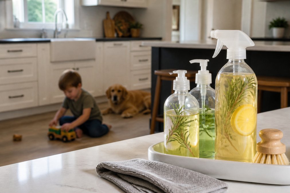 Close-up of eco-friendly cleaning product bottles with natural ingredient labels displayed on a bright kitchen counter, with a child playing safely nearby and a pet in the background