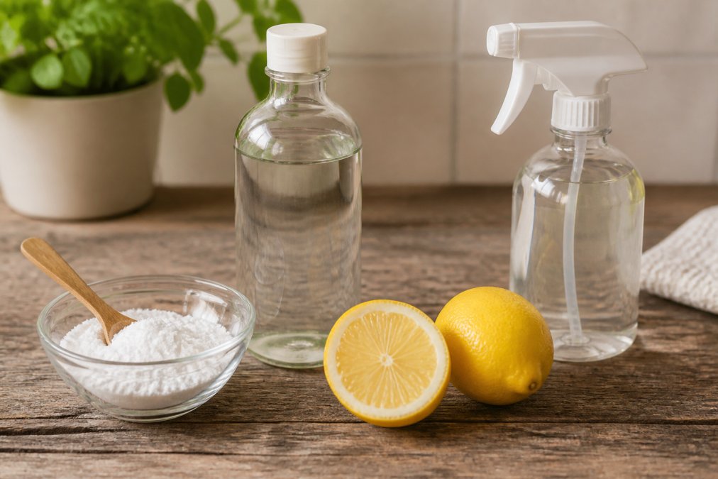 Close-up of common household items like white vinegar, baking soda, and lemon on a wooden surface with a pet-safe cleaning spray bottle nearby