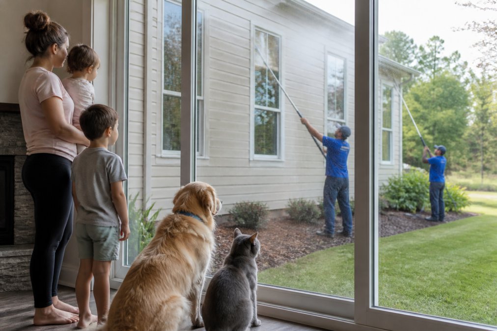 Family with a dog and cat safely indoors behind a glass door, watching a professional exterior cleaning crew working on the home's siding in the distance