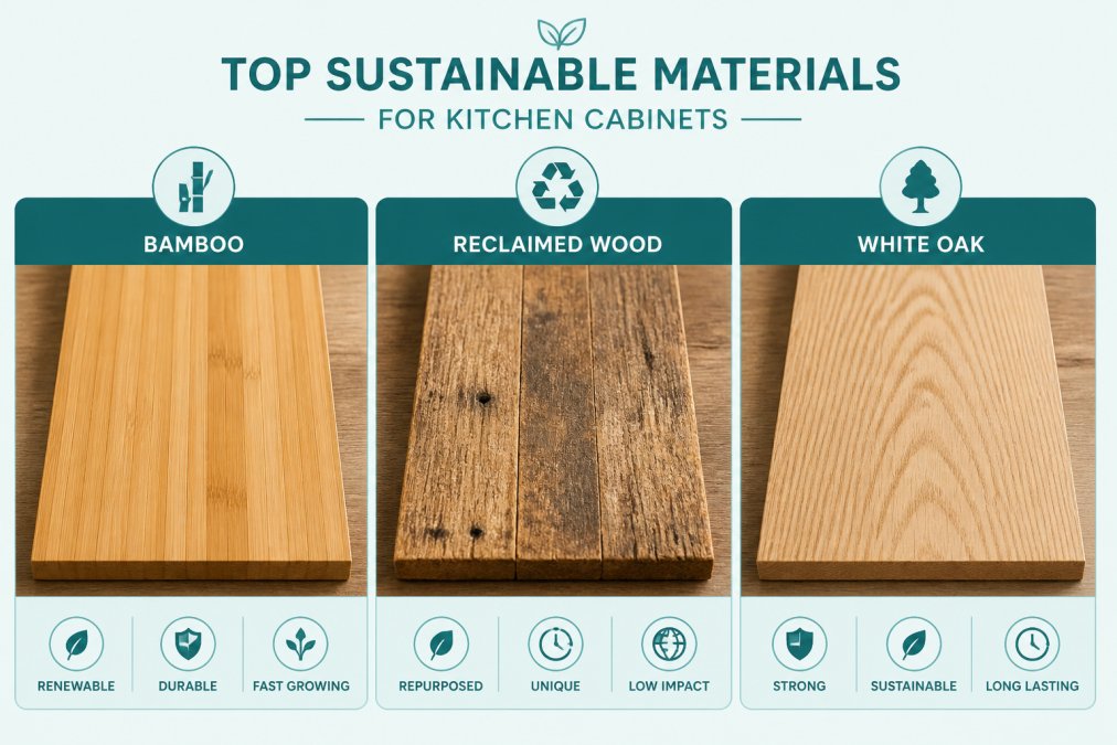 Close-up of natural wood grain samples showing bamboo, reclaimed wood with visible patina and nail holes, and white oak side by side on a wooden surface with warm natural lighting