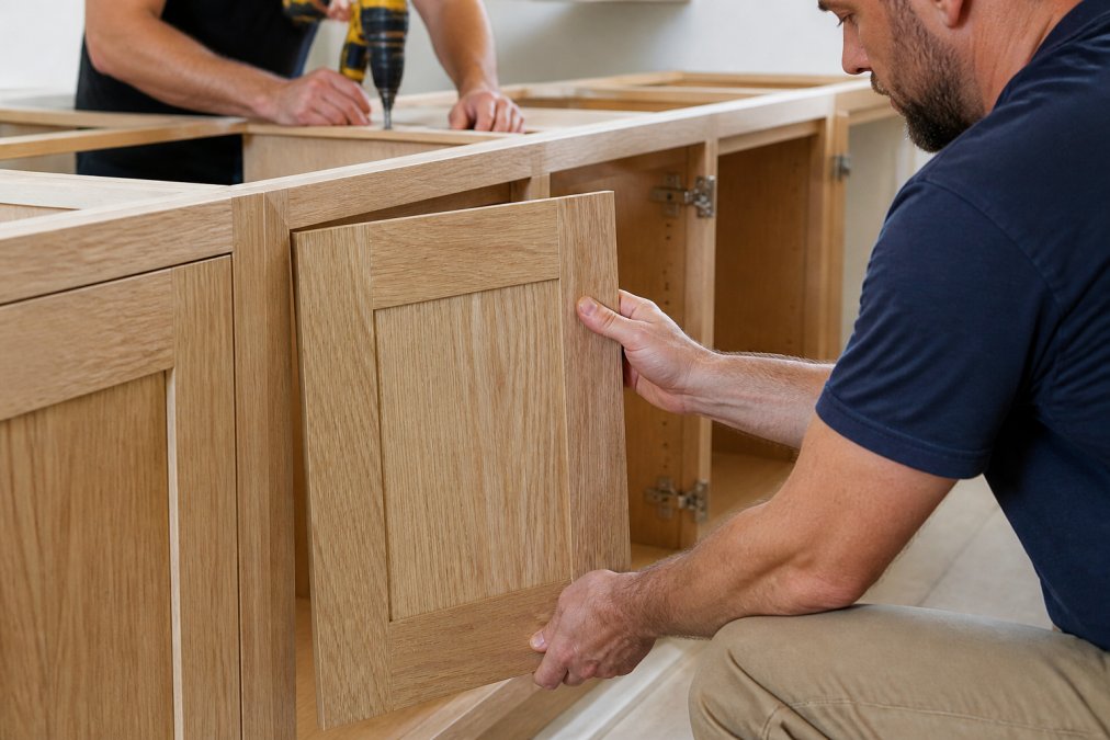 Kitchen renovation in progress showing craftspeople installing sustainable wood inset cabinet doors with natural oak finish, demonstrating proper installation technique with visible joinery and hardware