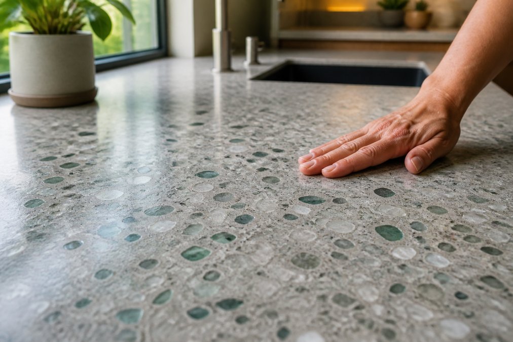 Hand touching a smooth recycled glass and concrete countertop in an eco friendly kitchen bathed in natural light.