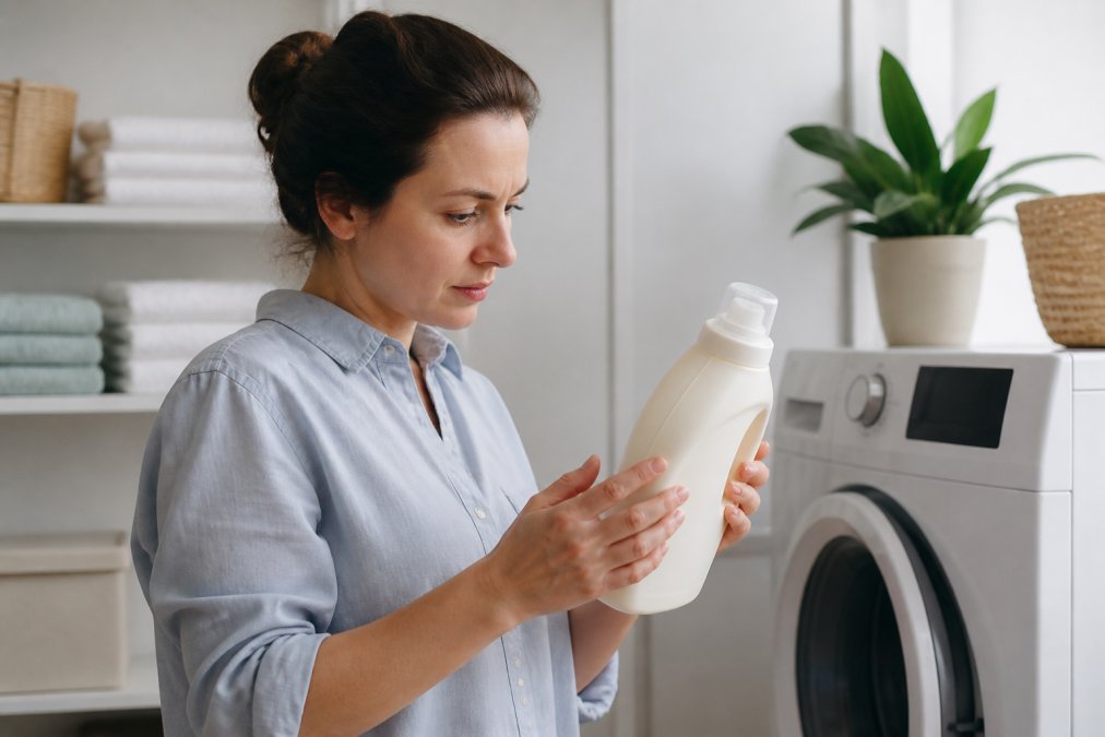A person with sensitive skin carefully reading the label on a bottle of eco-friendly laundry detergent in a bright, tidy laundry room