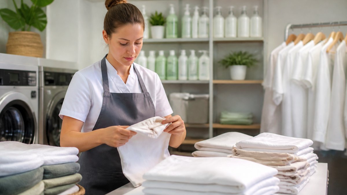 Laundry worker inspecting clean folded clothes in a facility using eco-friendly laundry pickup supplies.