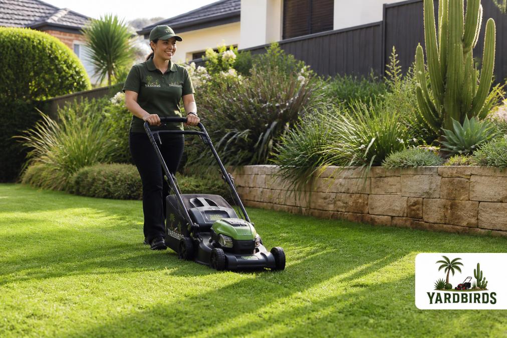A professional gardener in a branded polo shirt pushing a modern battery-powered electric lawn mower across a lush green suburban lawn, native Australian plants and a sandstone retaining wall in the background, bright morning sunlight