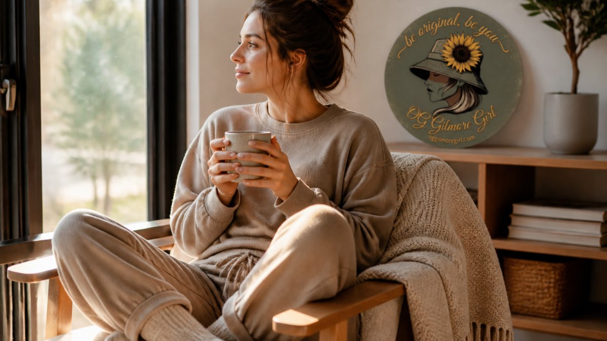 Woman wearing comfortable loungewear in neutral earth tones, relaxing at home with a warm beverage near a window with natural morning light