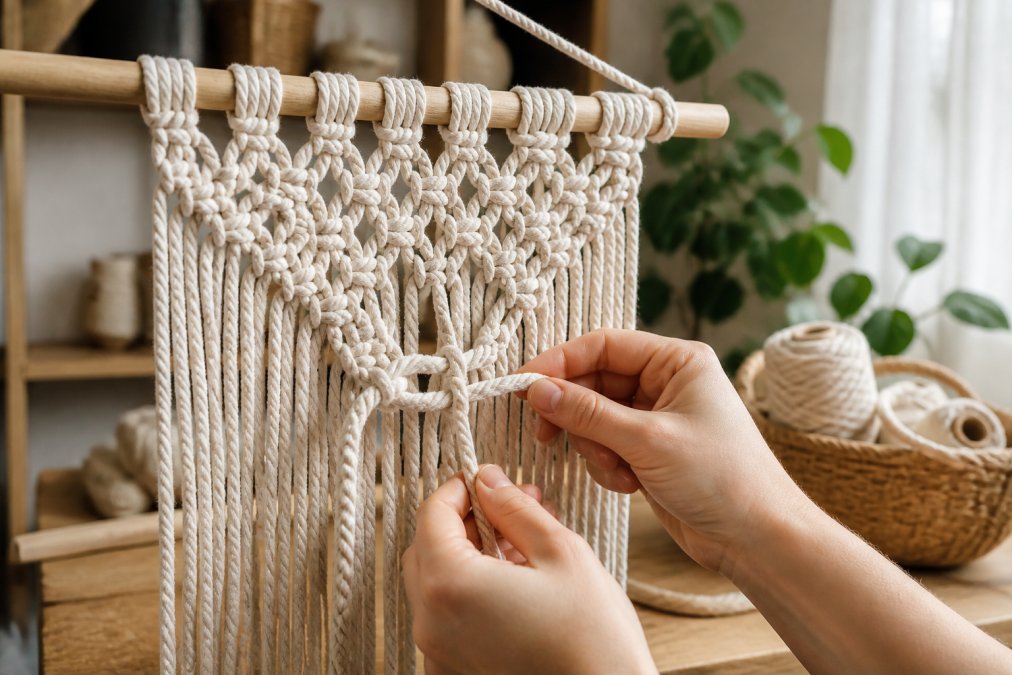 Close-up of hands tying a square knot in natural cotton macrame cord, with a partially finished wall hanging on a wooden dowel in a bright craft room