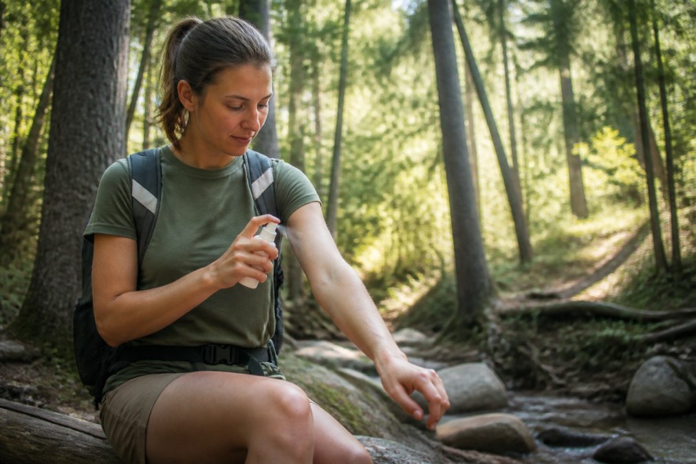 Person applying natural mosquito repellent spray to their arm outdoors during a hiking trip, with forest and wooded area in the background, morning sunlight filtering through trees