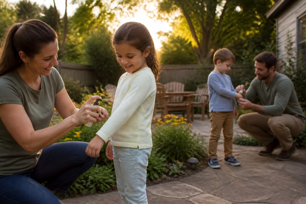 Family enjoying outdoor activities in a backyard garden with protective clothing visible and natural repellent application in action, showing practical prevention methods during late afternoon