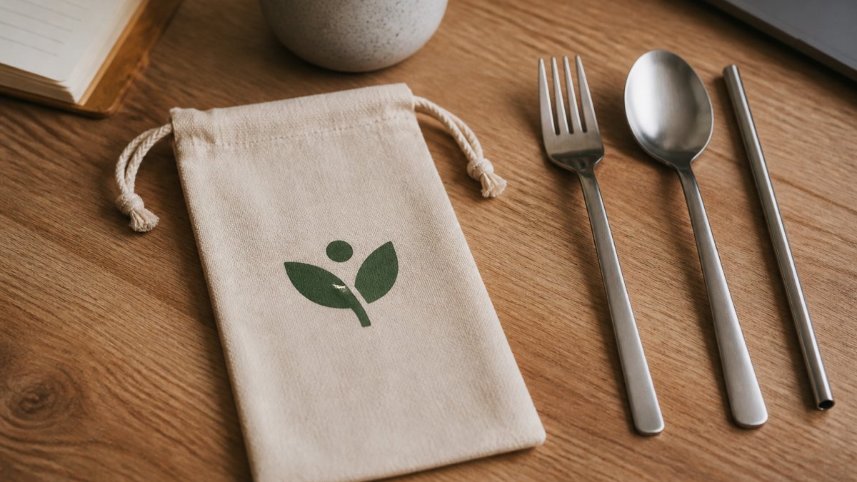 Custom printed hemp cotton pouch with reusable cutlery on a wooden desk