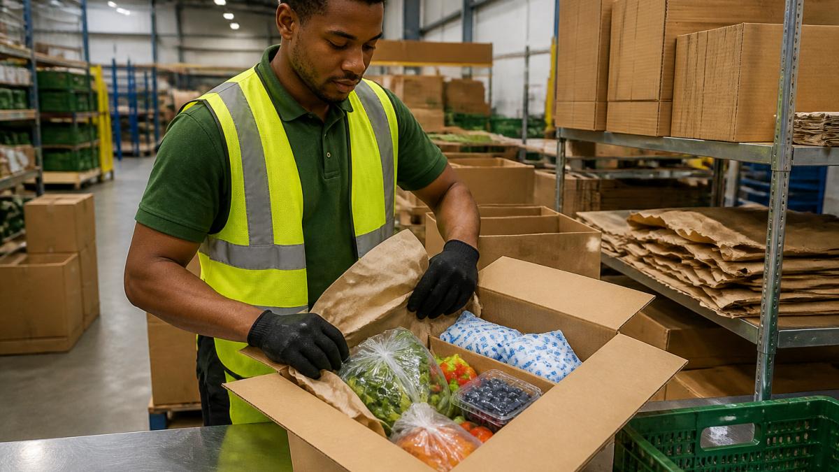 A warehouse worker packing an online grocery order into a cardboard box with paper cushioning and reusable cold packs in a bright fulfillment center