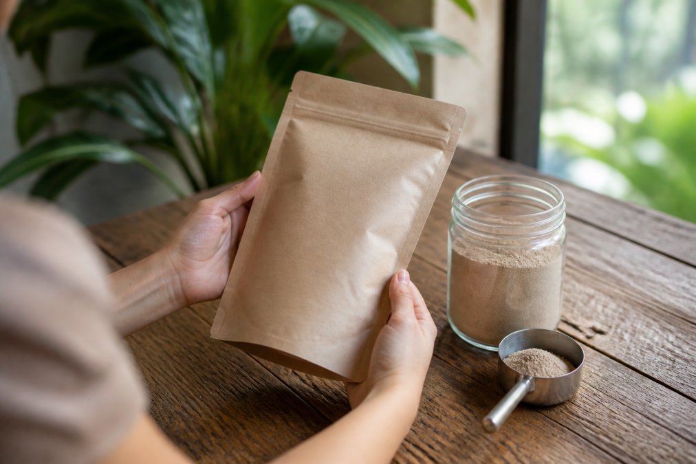 Infographic process showing how eco friendly packaging materials compare for supplement storage and durability.