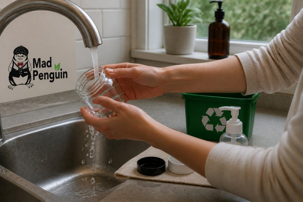 Hands rinsing a glass skincare jar under a faucet to prepare eco-friendly packaging for recycling.