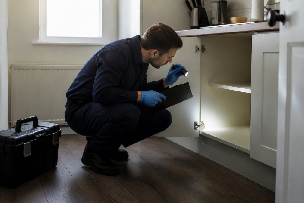 A pest control technician in a clean uniform inspecting a kitchen cupboard in a rental flat, using a torch to check for rodent entry points, with a clipboard and a professional equipment case on the floor nearby
