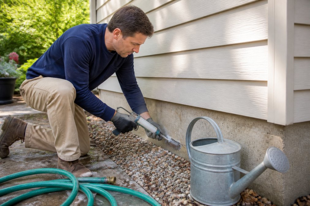 Homeowner sealing exterior gaps with caulk and steel wool for eco friendly pest control to prevent infestations.