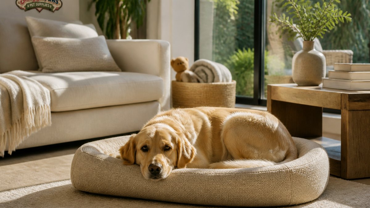 Cozy modern living room with a dog resting peacefully on a natural-colored eco friendly pet bed, sunlight streaming through large windows, showing how sustainable pet furniture integrates seamlessly into contemporary home decor