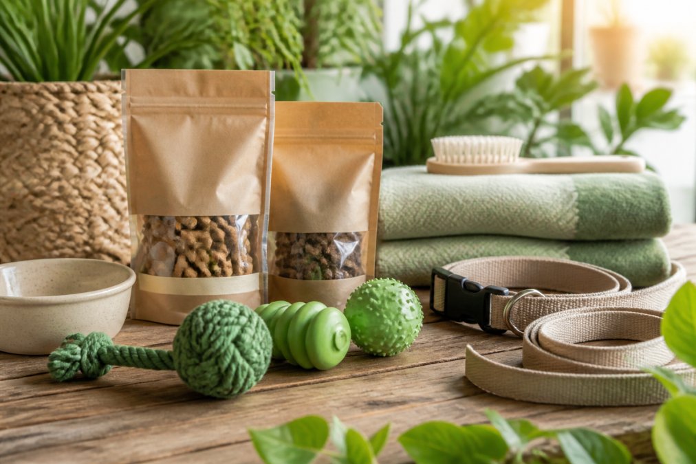 Close-up of eco-friendly pet toys made from natural rubber, biodegradable treat bags, and sustainable pet accessories arranged on a natural wood surface with green plants and natural sunlight in the background