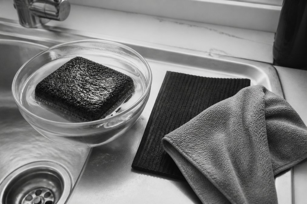 A black cellulose sponge expands in water next to compostable cloths for plastic free cleaning in a modern kitchen.