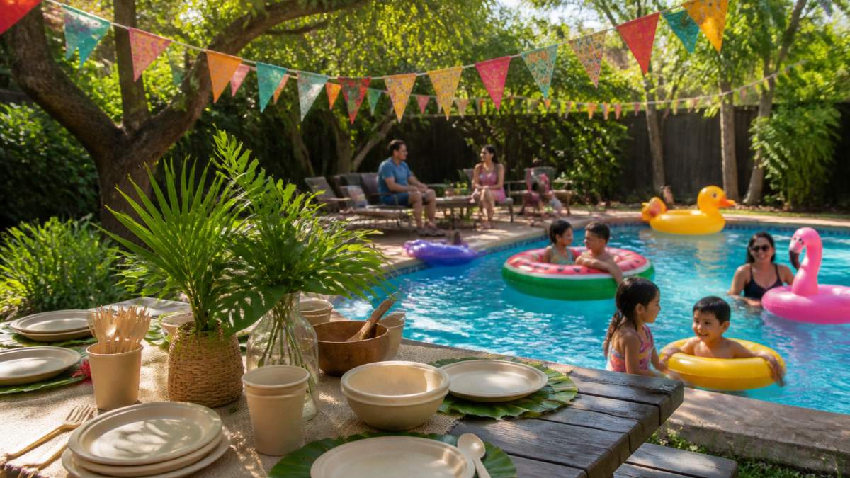 Backyard pool party setup with families enjoying water, reusable fabric bunting strung between trees, biodegradable plates and utensils on a picnic table, tropical plants as centerpieces, bright summer sunlight filtering through trees