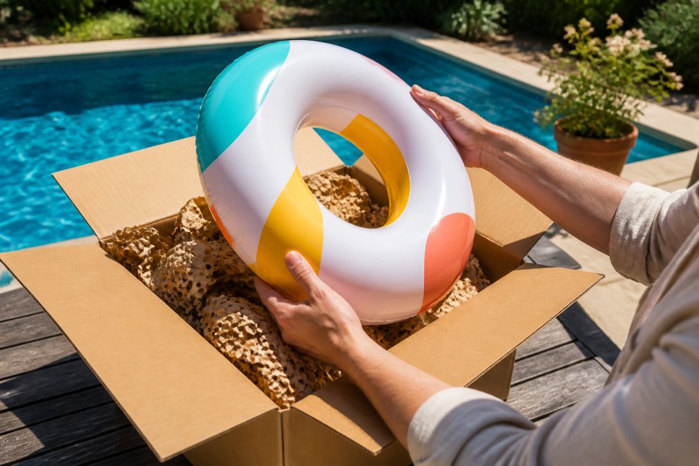 A parent's hands opening a shipping box filled with recyclable paper padding, holding a colorful inflatable pool toy next to a sparkling backyard pool on a sunny day