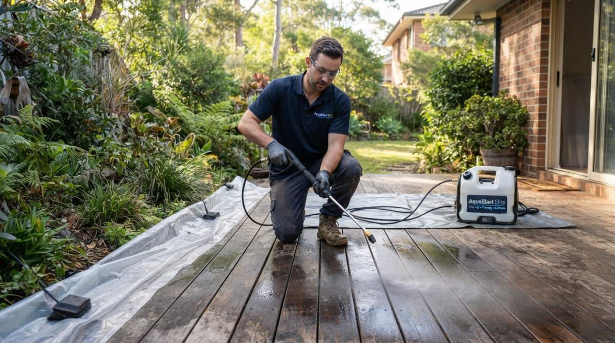 Professional applying soft wash solution to a timber deck with low-pressure spray equipment, showing the gentle misting technique and care for surrounding garden plants in natural daylight