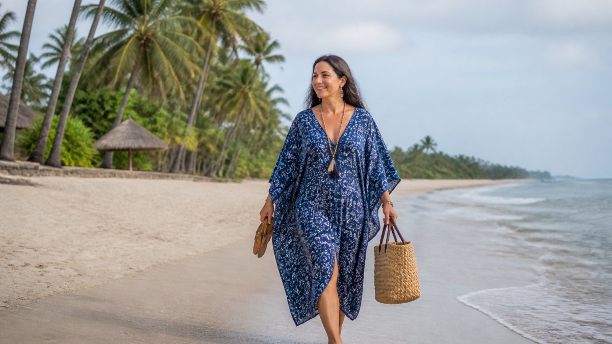 A woman wearing a flowing indigo hand block-printed cotton kaftan walking on a sunny tropical beach, with a woven straw bag and sandals, palm trees in the background