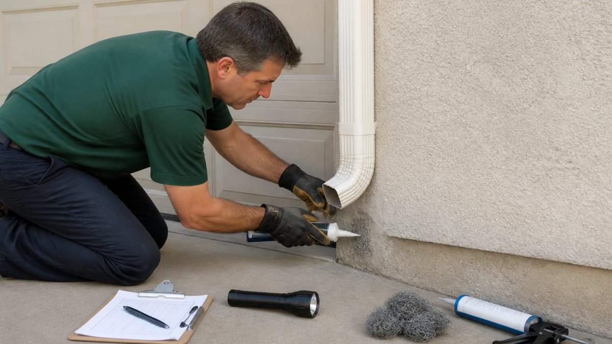 A homeowner in work gloves kneeling beside a garage wall, sealing a small gap near a pipe with steel wool and caulk, flashlight and clipboard nearby