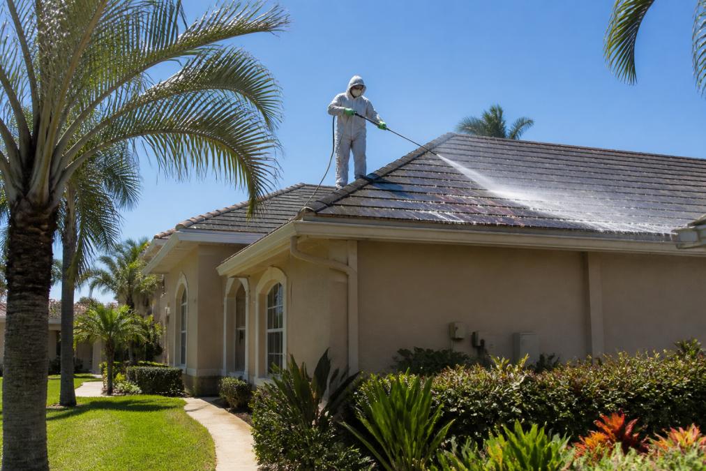 Technician performing eco friendly roof cleaning on asphalt shingles using a low-pressure soft wash system.