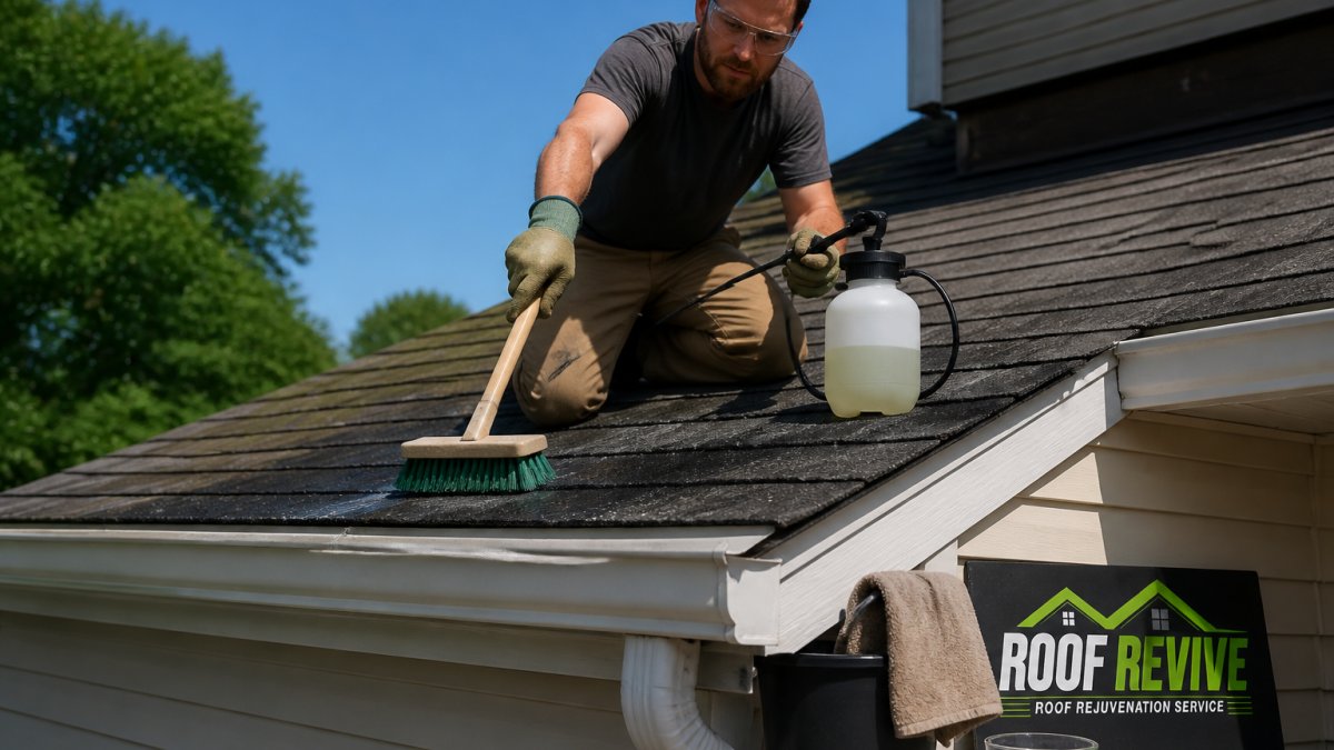 A homeowner using a soft-bristle brush and a pump sprayer with a mild cleaning solution on an asphalt shingle roof on a sunny day, wearing gloves and safety glasses, with gutter and downspout visible