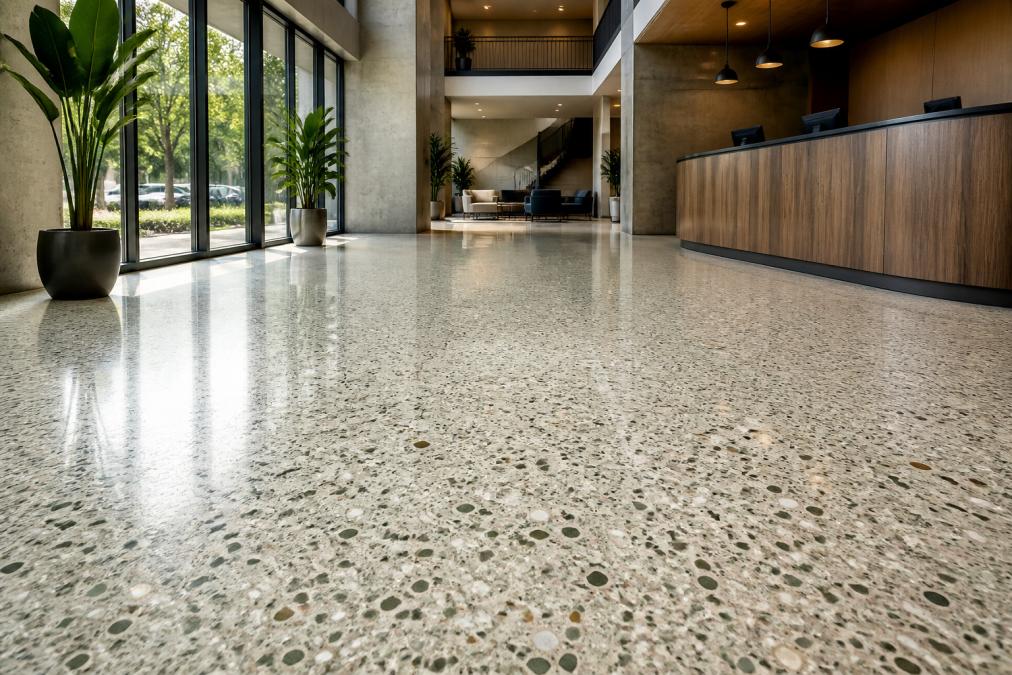 Modern commercial lobby with polished eco-friendly terrazzo flooring showing visible recycled glass and marble aggregate under warm natural lighting, highlighting the seamless floor pattern and durability