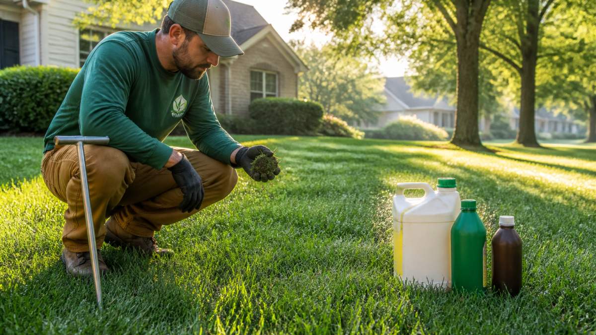 Professional lawn care technician examining soil health in a vibrant green residential lawn with morning light filtering through trees
