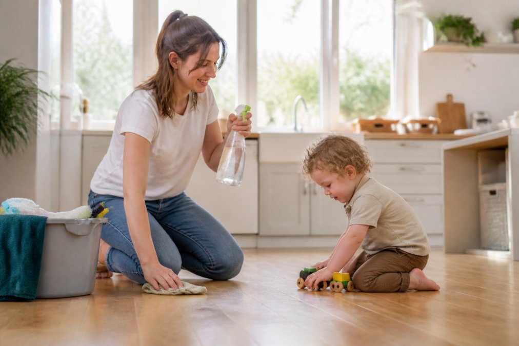 Parent and child in a bright, clean kitchen with natural light streaming through windows, mother holding eco-friendly cleaning bottle while child plays safely on the floor nearby