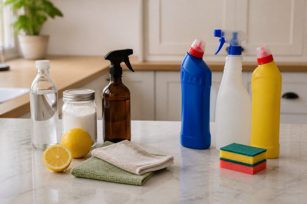 Flat-lay shot of kitchen counter with vinegar bottle, baking soda box, lemon, spray bottle, and natural cleaning cloths arranged neatly