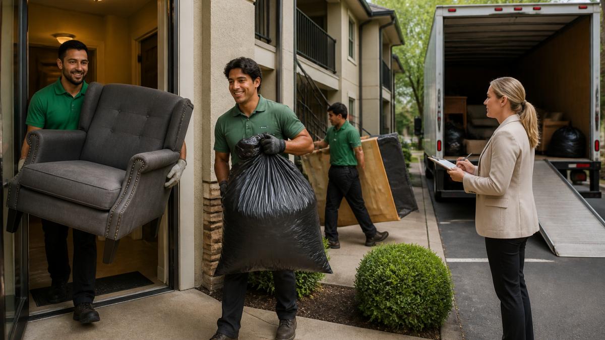 Junk removal crew clearing furniture from an apartment hallway while a property manager oversees the process
