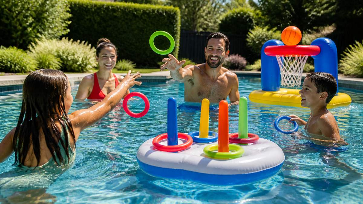 Family of four playing with colorful inflatable ring toss game and floating basketball hoop in backyard swimming pool on sunny summer day, children and parents smiling and engaged in friendly competition
