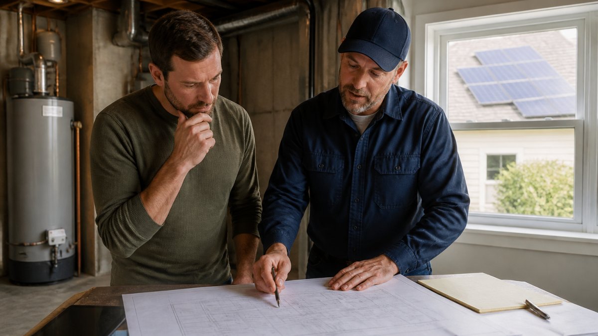 Homeowner and professional technician examining basement water heater installation space and roof orientation for solar potential, reviewing system options with blueprints on table
