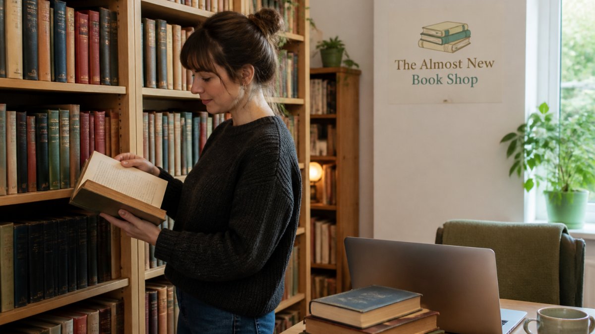 A person browsing a shelf of pre-loved hardback books in a cosy home library, holding one book open to check its condition, with a laptop showing an online shop nearby