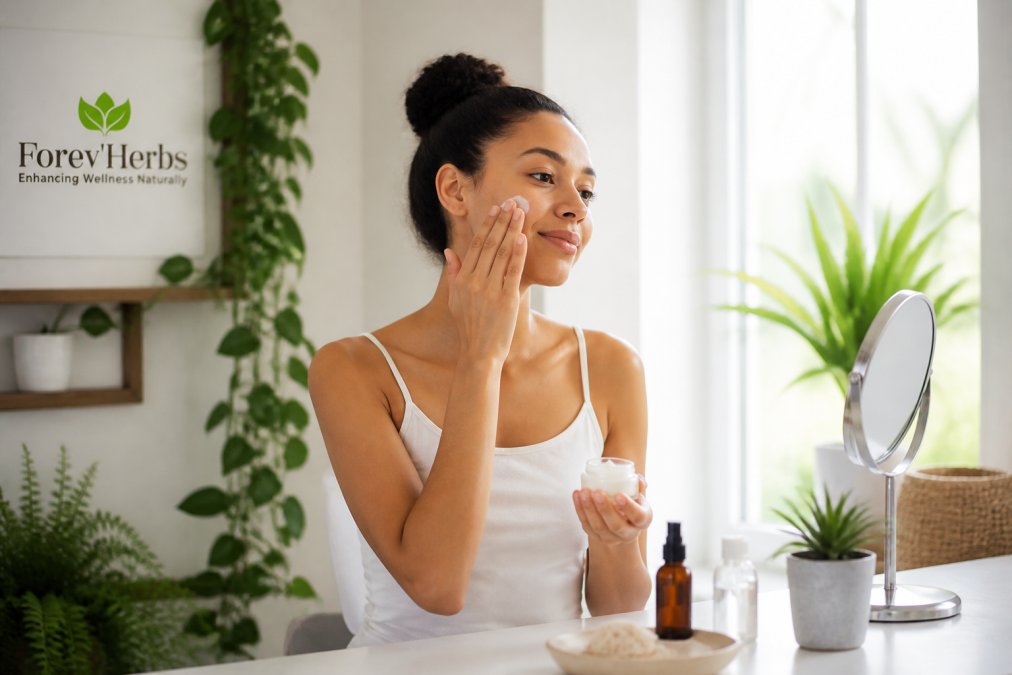 Person applying botanical skincare product to face in bright minimalist bathroom with potted plants and natural window light