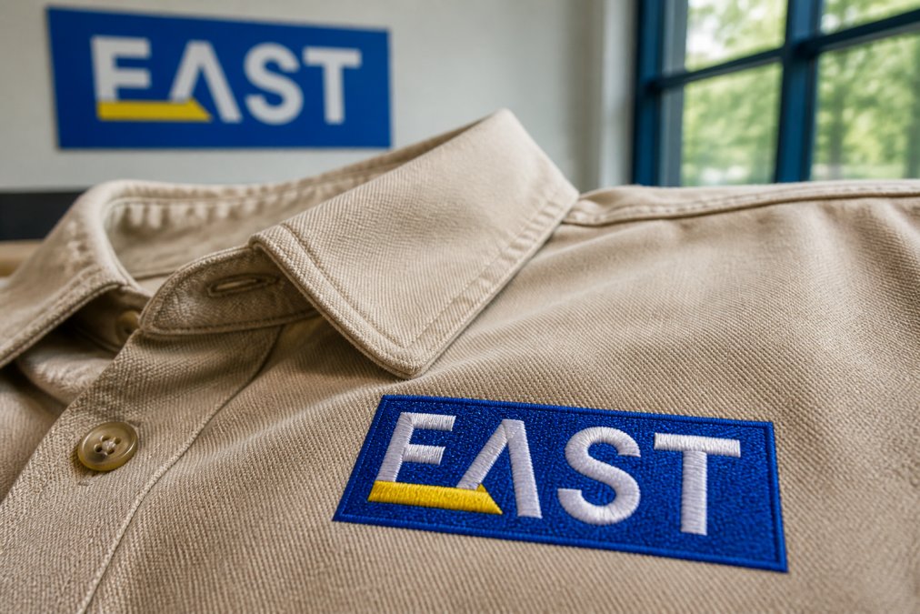 Close-up of multi-colour embroidered company logo on organic cotton work shirt, showing intricate thread detail and sustainable fabric weave under natural light
