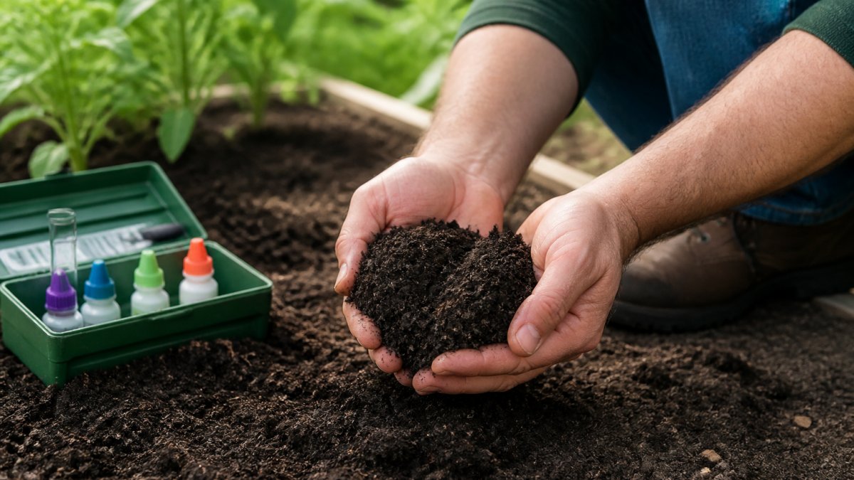 Homeowner's hands holding dark, rich soil over a garden bed with a soil testing kit nearby, showing healthy organic matter and texture