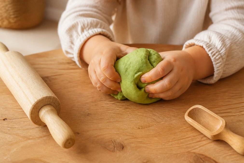 Close-up van kinderhanden die kneden met zachte pistachiogroene natuurlijke speelklei op een houten tafel, met een houten roller en een klein schepje ernaast, warm natuurlijk daglicht