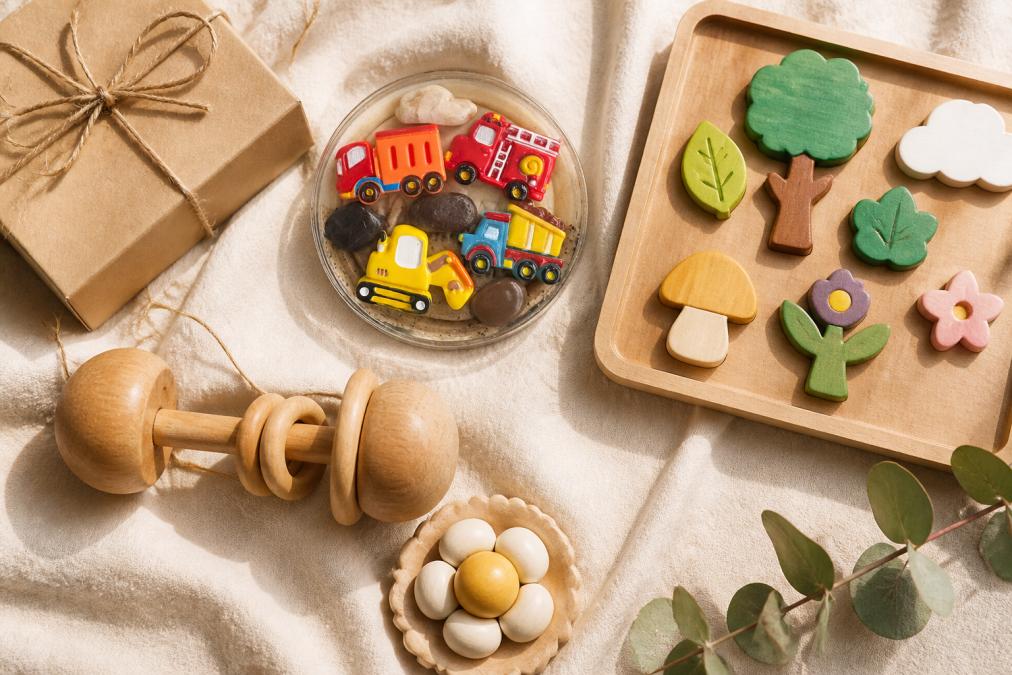 A neatly arranged flat lay of small wooden baby toys, a mini houten speelset with nature-themed shapes, and a houten roller placed on a soft cream linen cloth with a simple kraft paper gift ribbon, photographed from above in warm natural daylight