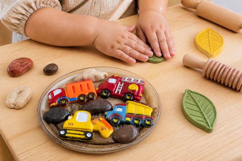 Close-up of a toddler's small hands pressing and shaping soft, colorful natural clay on a light wooden table, with small wooden rollers and leaf-shaped clay molds placed nearby, warm indoor natural lighting