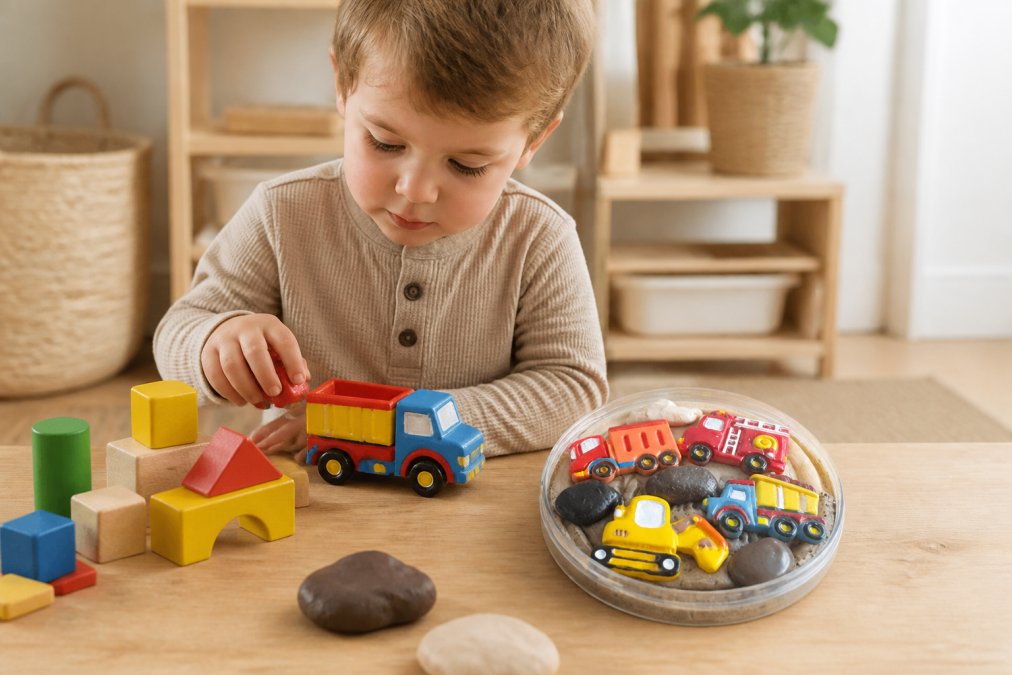 Jong kind dat speelt met kleurrijke houten speelgoedblokken en een potje natuurlijke speelklei op een lichte houten tafel, warm natuurlijk licht, gezellige huiselijke omgeving