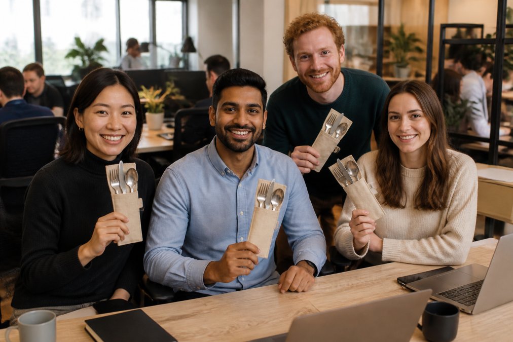 A diverse group of office employees smiling while holding reusable stainless steel cutlery sets in small hemp pouches at their desks, with laptops and coffee mugs visible in a bright modern workspace