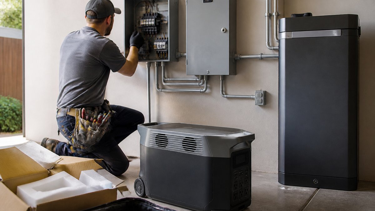 A licensed electrician in a residential garage wiring a home battery backup system to a wall-mounted transfer switch, with tools and conduit visible