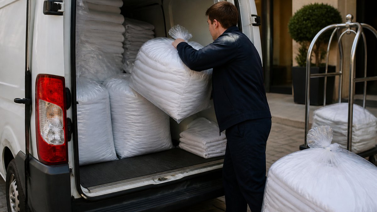 Medewerker van een wasserij laadt grote zakken schone handdoeken en bedlinnen in een bedrijfsvoertuig voor bezorging bij een hotel of zorginstelling